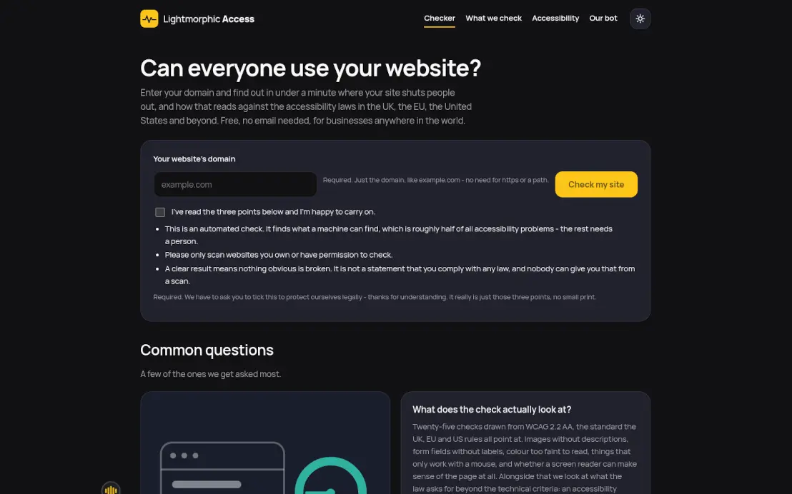 The Buildmorphic Access front page, showing the domain box and the three points to read before a check