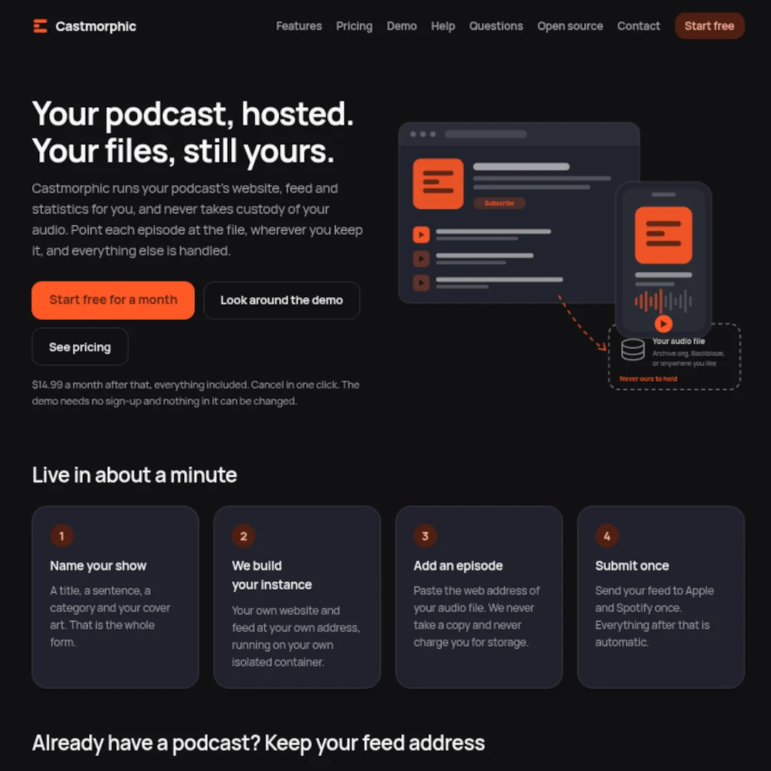 The Castmorphic front page: your podcast, hosted, your files, still yours