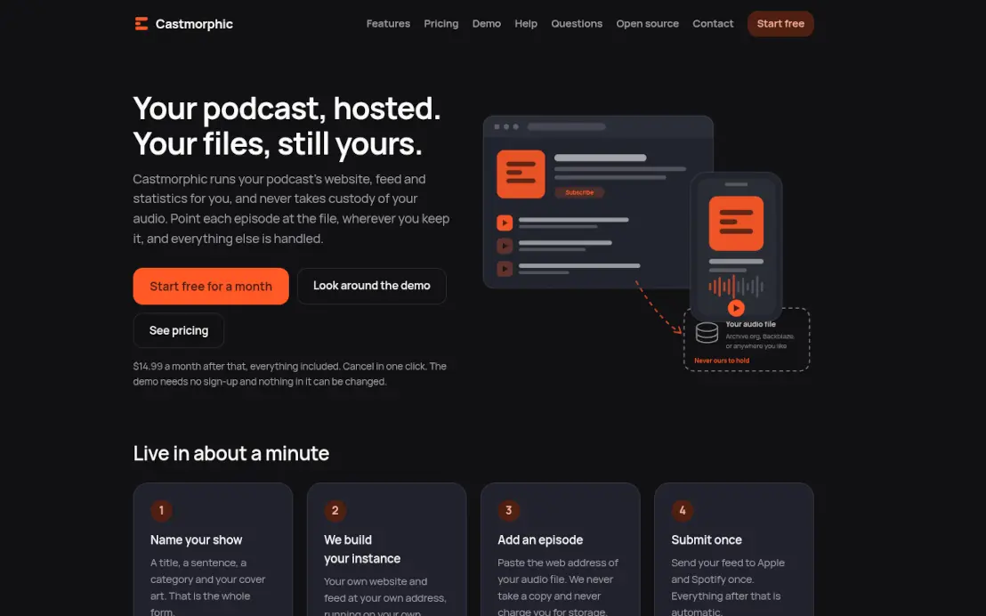 The Castmorphic front page: your podcast, hosted, your files, still yours