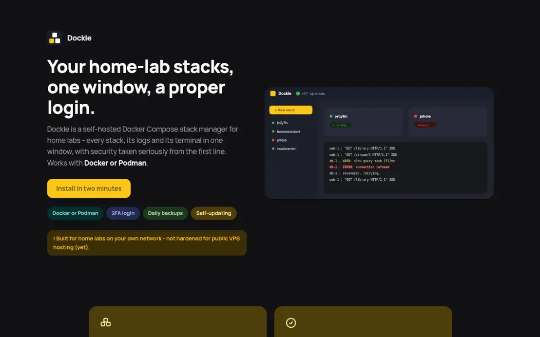 The Dockle front page, showing the stack list beside running container cards and a live log stream