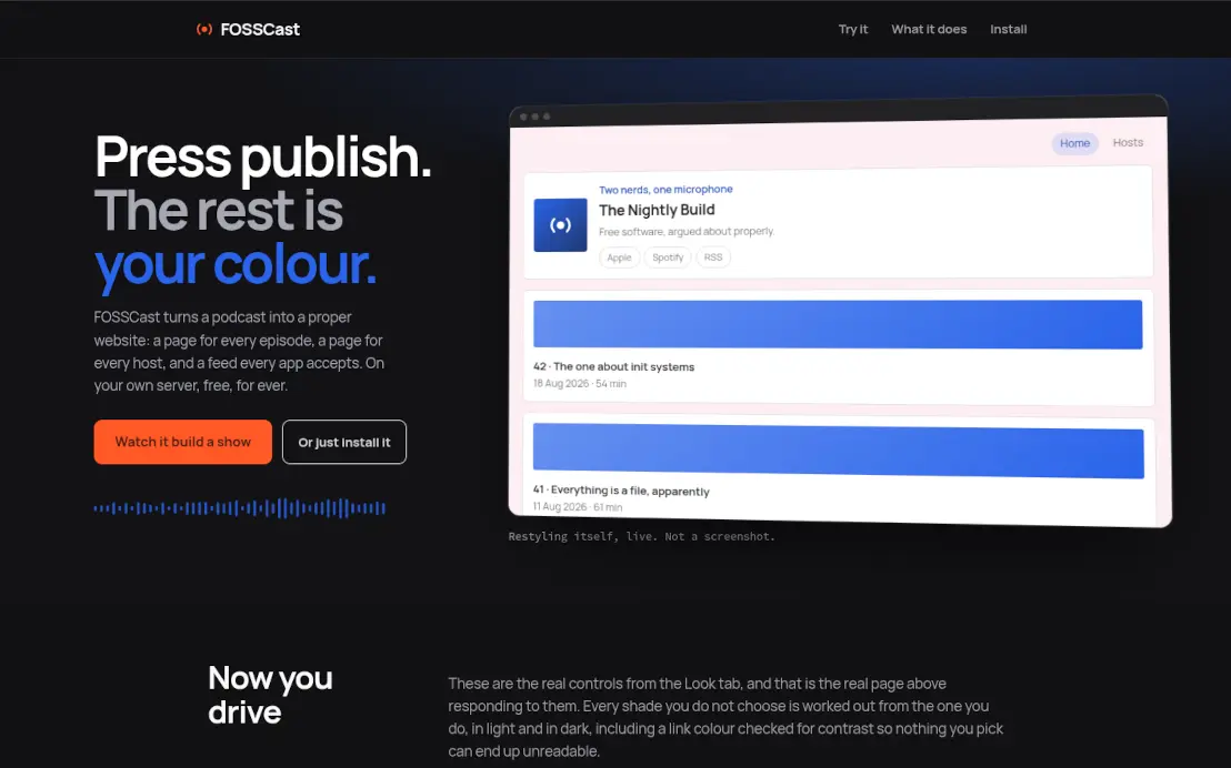 The FOSSCast front page, showing a generated podcast website restyling itself live beside the headline