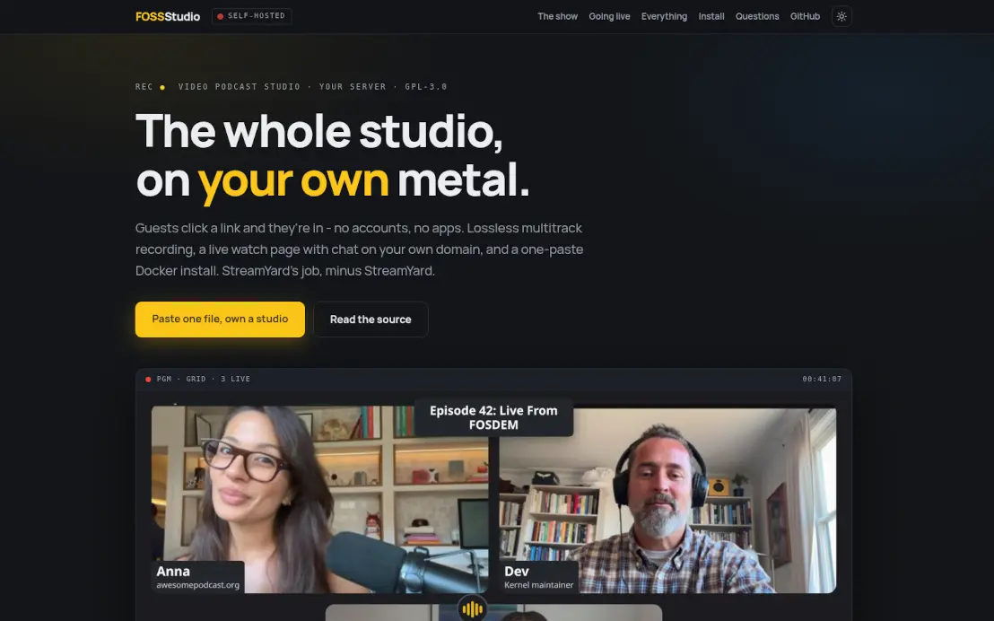 The FOSSStudio front page, with a live three-person recording session in the grid view below the headline