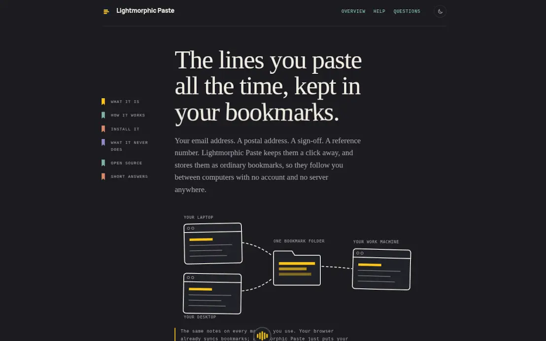 The Buildmorphic Paste front page, with a diagram of one bookmark folder carrying notes between a laptop, a desktop and a work machine
