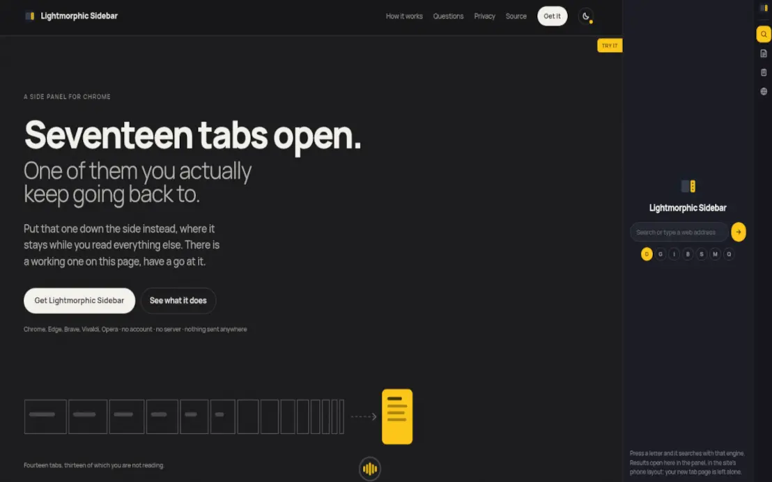 The Buildmorphic Sidebar front page, with the panel docked down the right-hand edge showing its search box and engine letters