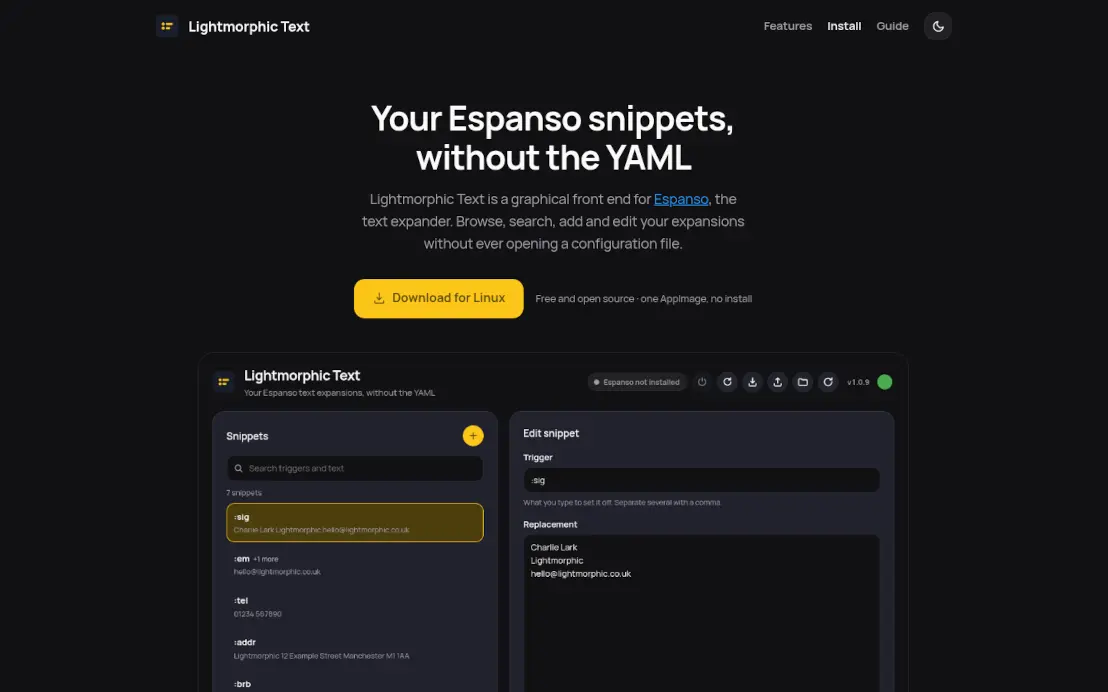 The Buildmorphic Text front page, showing the snippet list beside the trigger and replacement editor