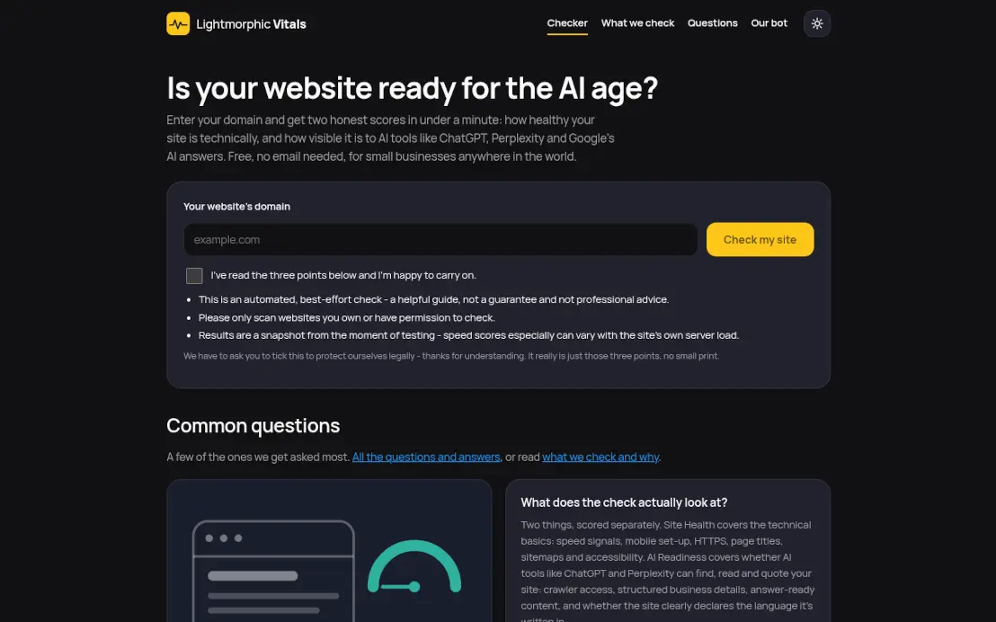 The Buildmorphic Vitals front page, showing the domain box and the three points to read before a check