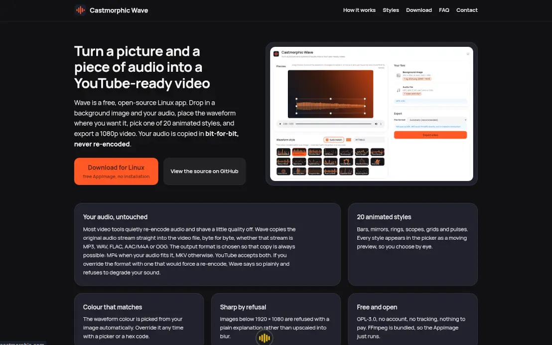 The Castmorphic Wave front page, showing the app window with a waveform placed over a background image and the style picker below